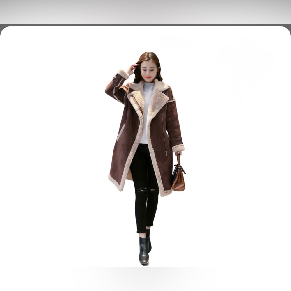 NWOT Generic Brown Suede Leather With Cream-Brown Sherpa Coat - Size M‎